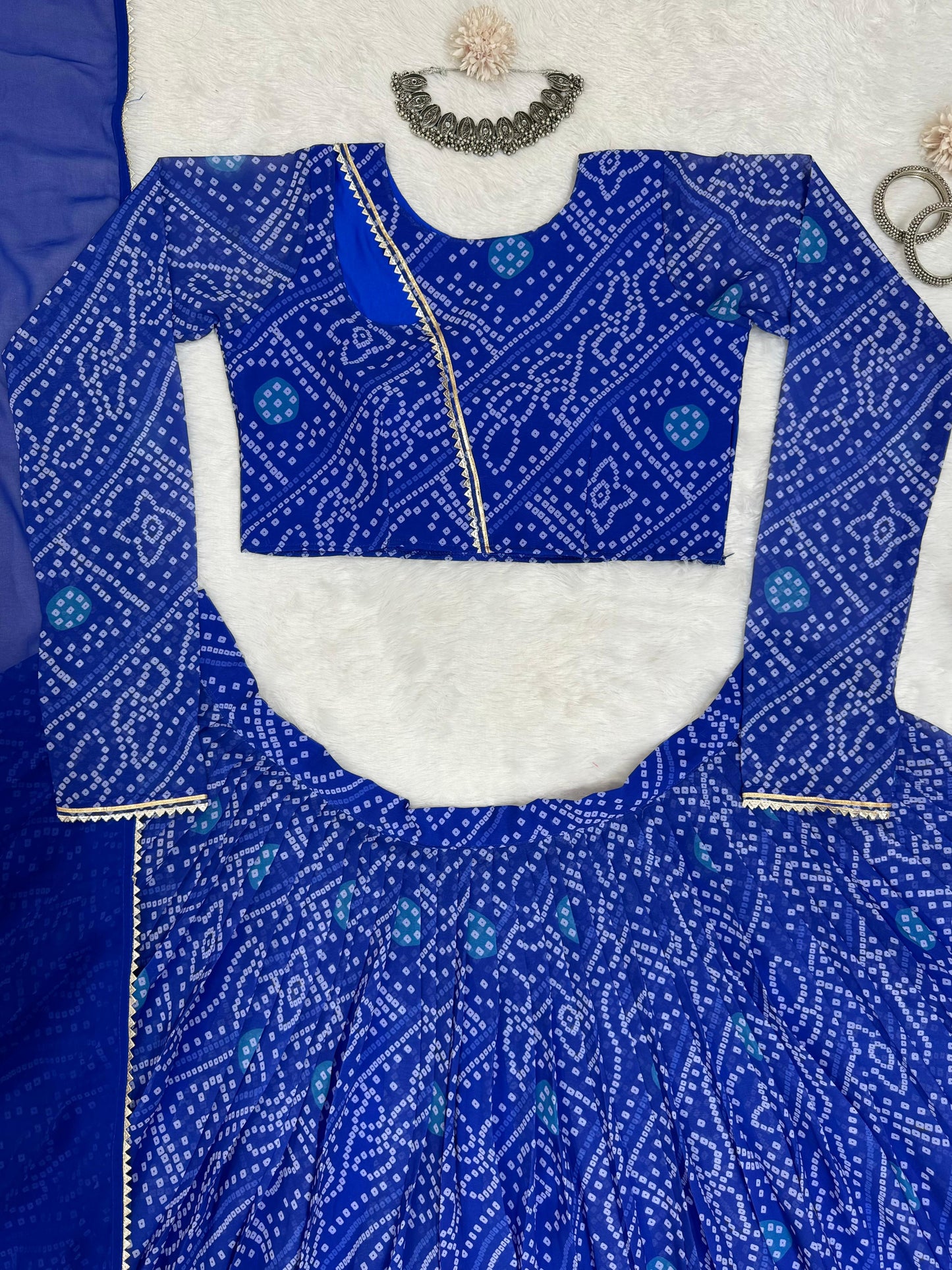 Blue Faux Gorgette Bandhani Print Lehenga