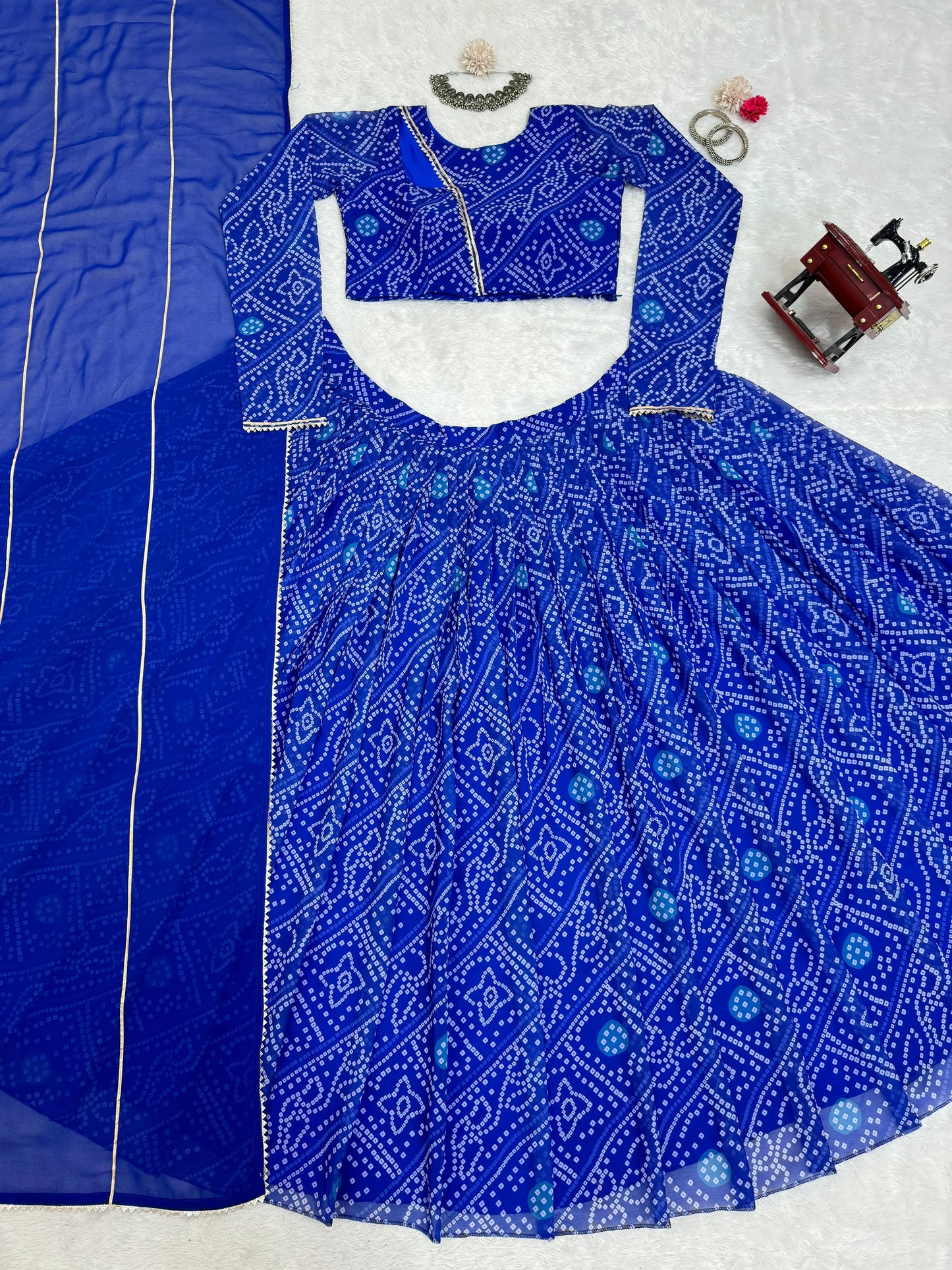 Blue Faux Gorgette Bandhani Print Lehenga