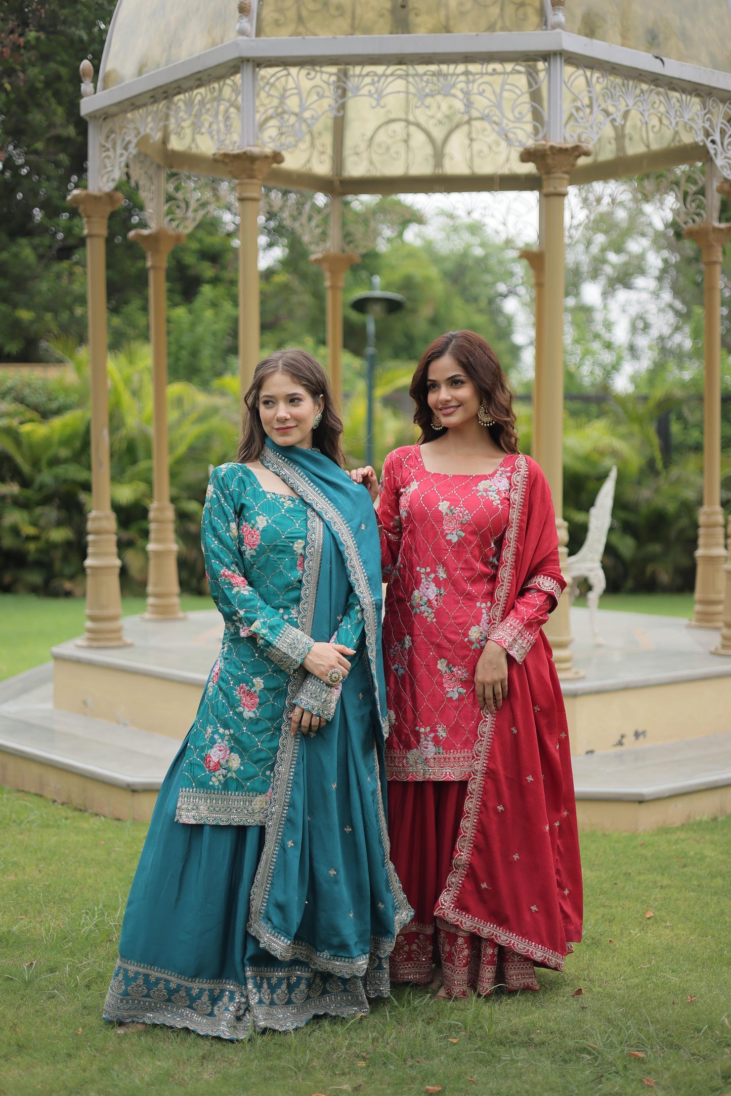 Thread Embroidery With Chinnon Print Kurta Plazzo Set With Dupatta