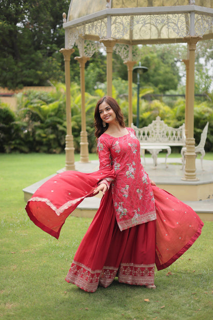 Thread Embroidery With Chinnon Print Kurta Plazzo Set With Dupatta