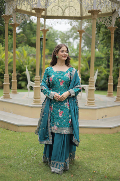 Thread Embroidery With Chinnon Print Kurta Plazzo Set With Dupatta
