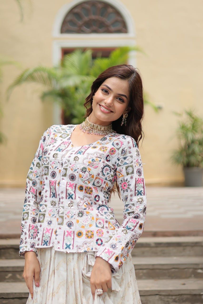 White color Jequard Faux Georgette Thread-Sequins Work Lehenga Top