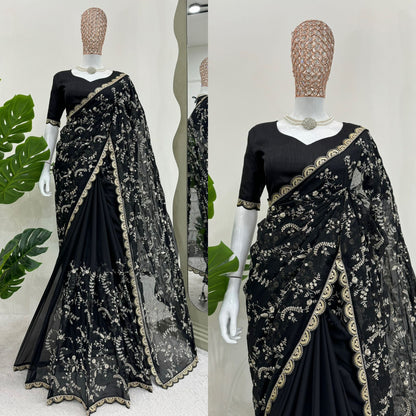 Black Heavy Tibby Silk With Coding Work Saree