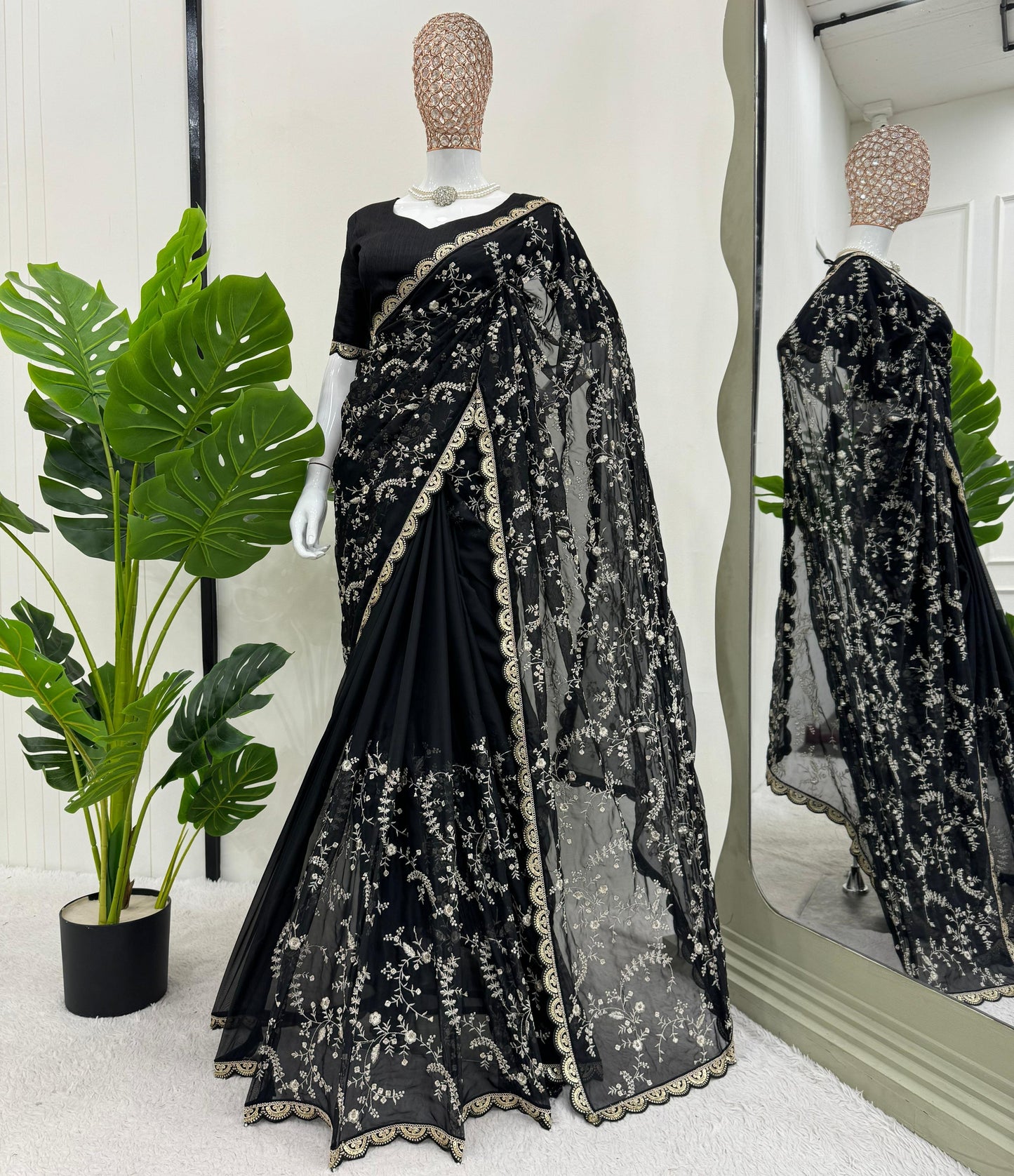 Black Heavy Tibby Silk With Coding Work Saree