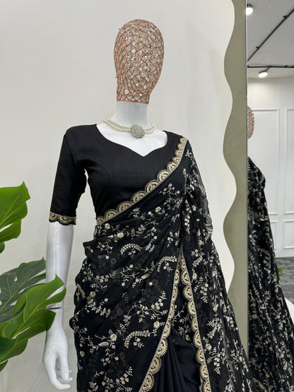 Black Heavy Tibby Silk With Coding Work Saree
