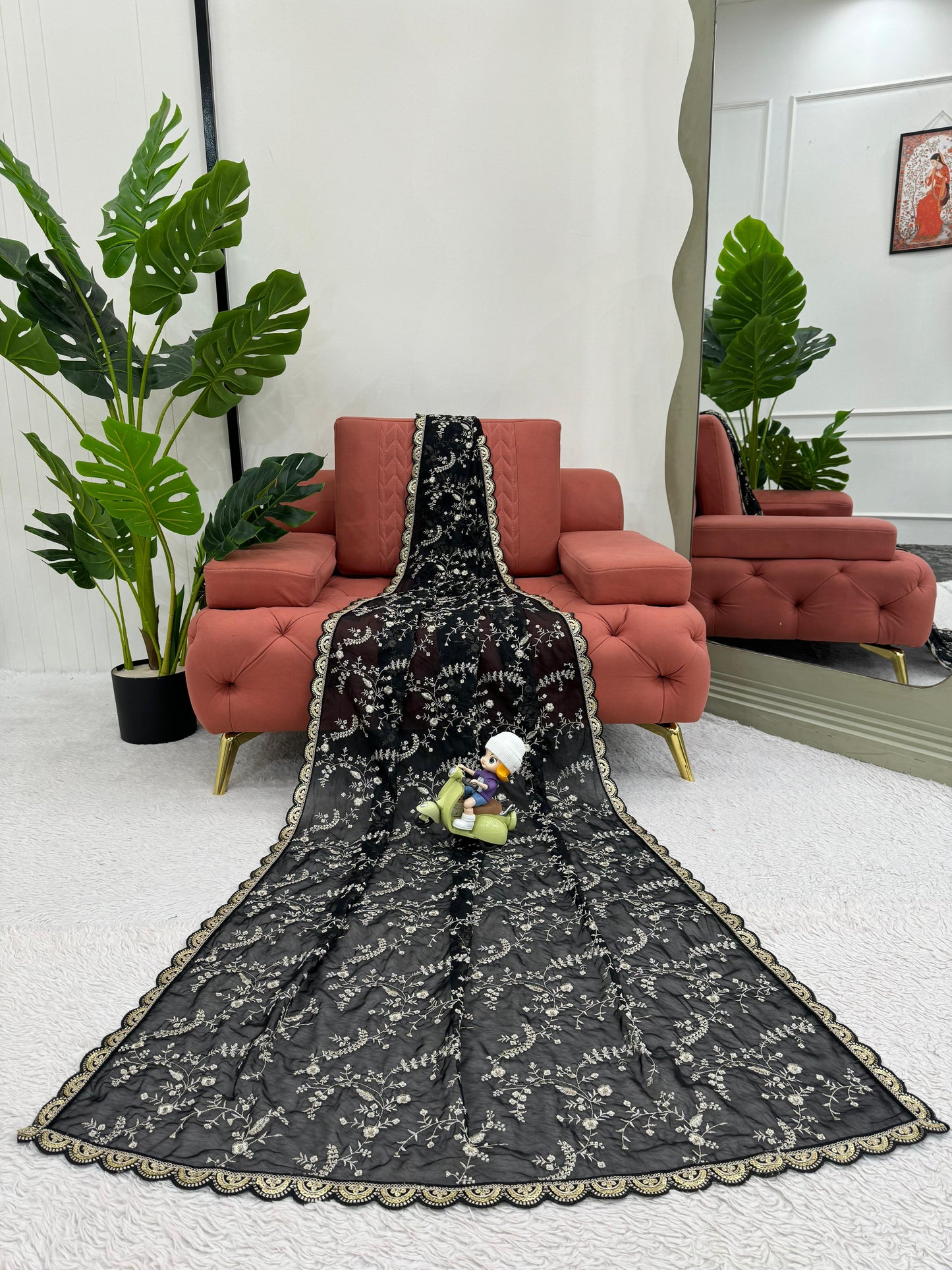 Black Heavy Tibby Silk With Coding Work Saree