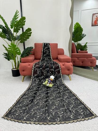 Black Heavy Tibby Silk With Coding Work Saree