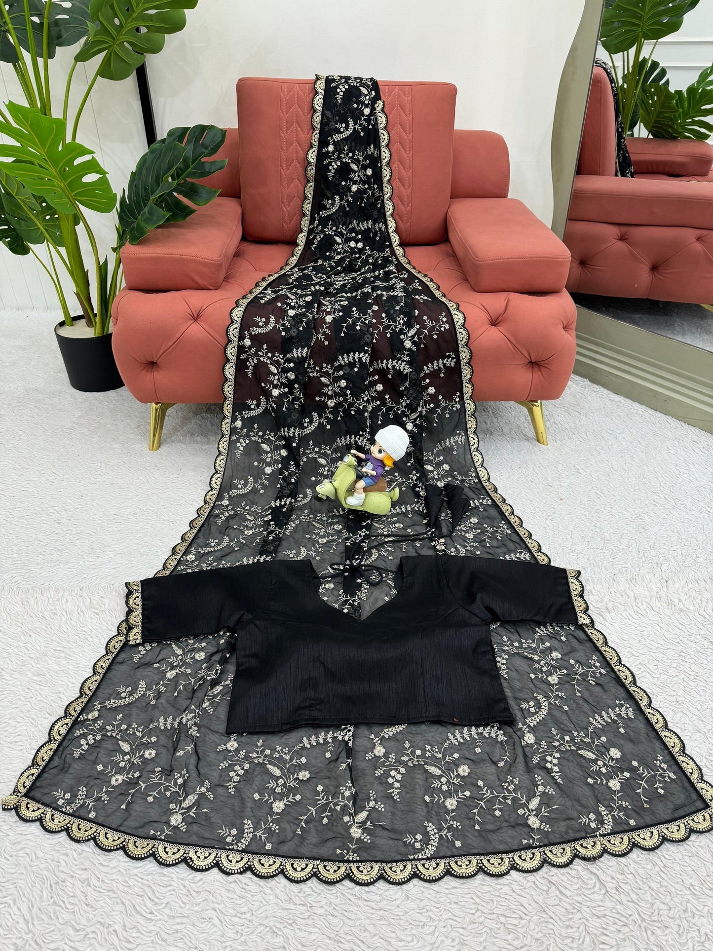 Black Heavy Tibby Silk With Coding Work Saree