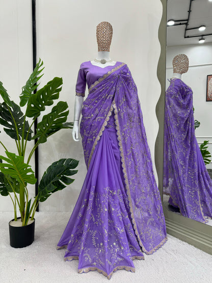 Lavender Heavy  Tibby Silk With Coding Work Saree