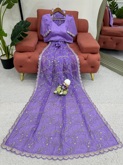 Lavender Heavy  Tibby Silk With Coding Work Saree