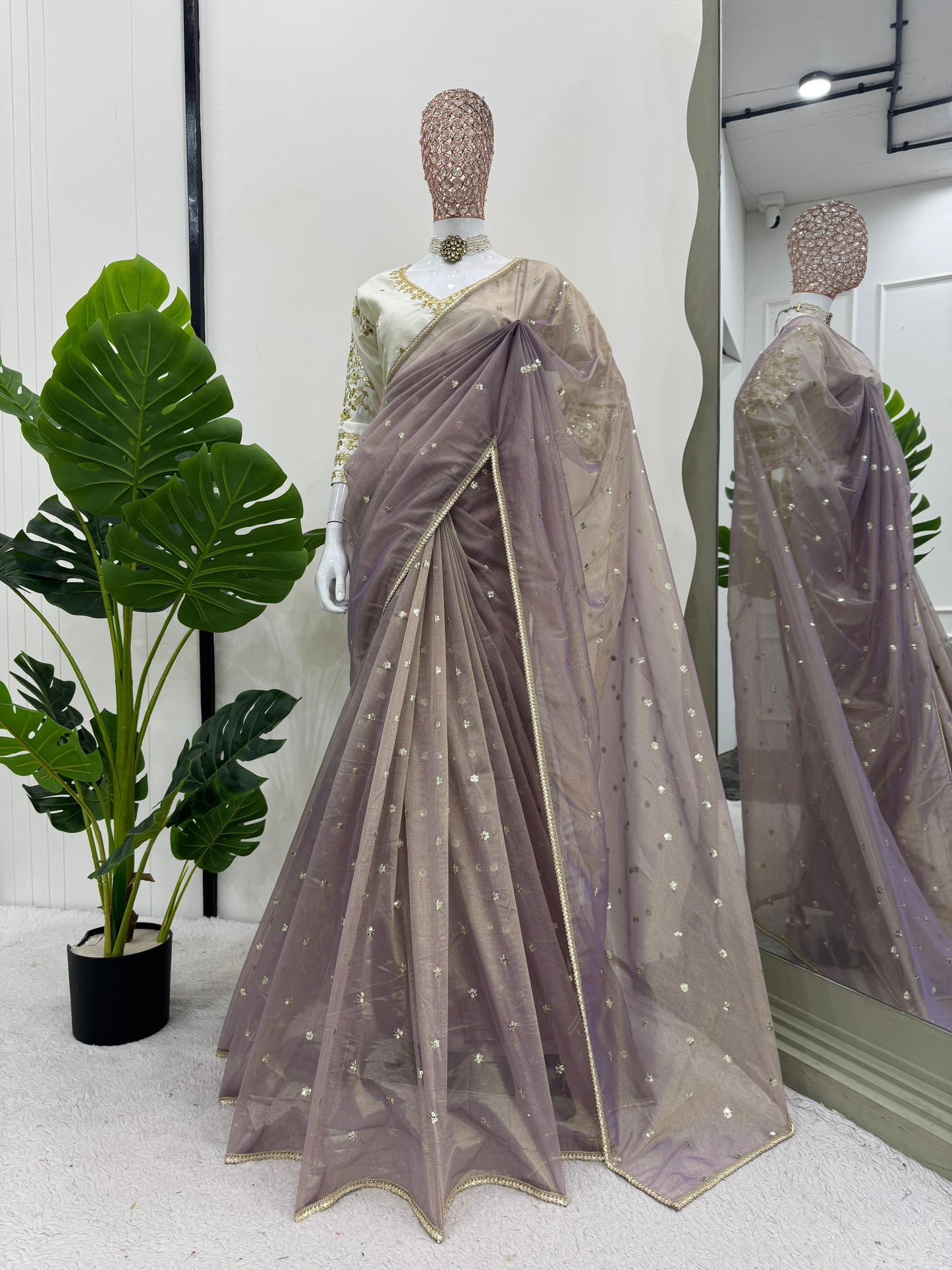 Light Lavender Heavy Twill Net With Sequins Work