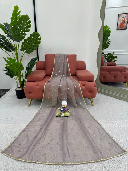 Light Lavender Heavy Twill Net With Sequins Work