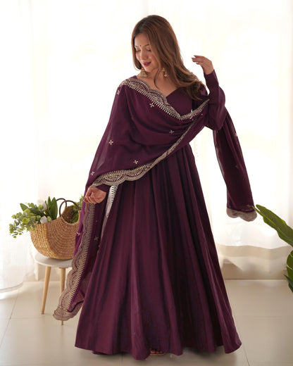 Wine Heavy pure Chanderi Romansilk 3pc Anarkali Gown Set