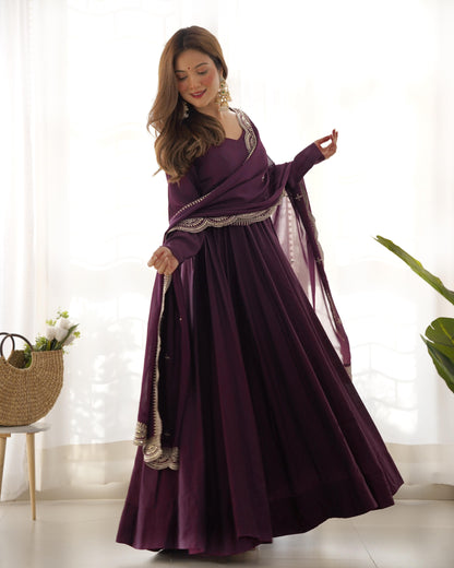 Wine Heavy pure Chanderi Romansilk 3pc Anarkali Gown Set