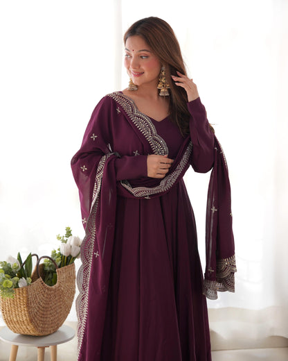 Wine Heavy pure Chanderi Romansilk 3pc Anarkali Gown Set