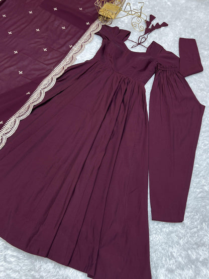 Wine Heavy pure Chanderi Romansilk 3pc Anarkali Gown Set