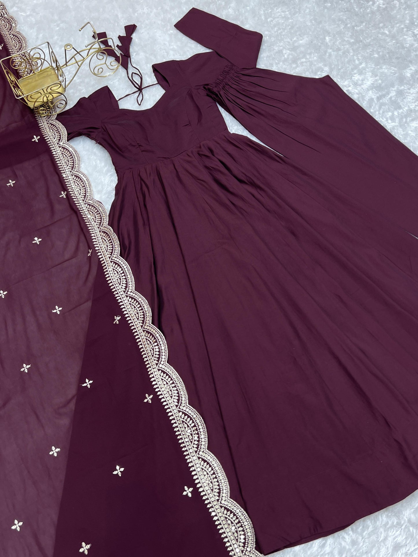 Wine Heavy pure Chanderi Romansilk 3pc Anarkali Gown Set