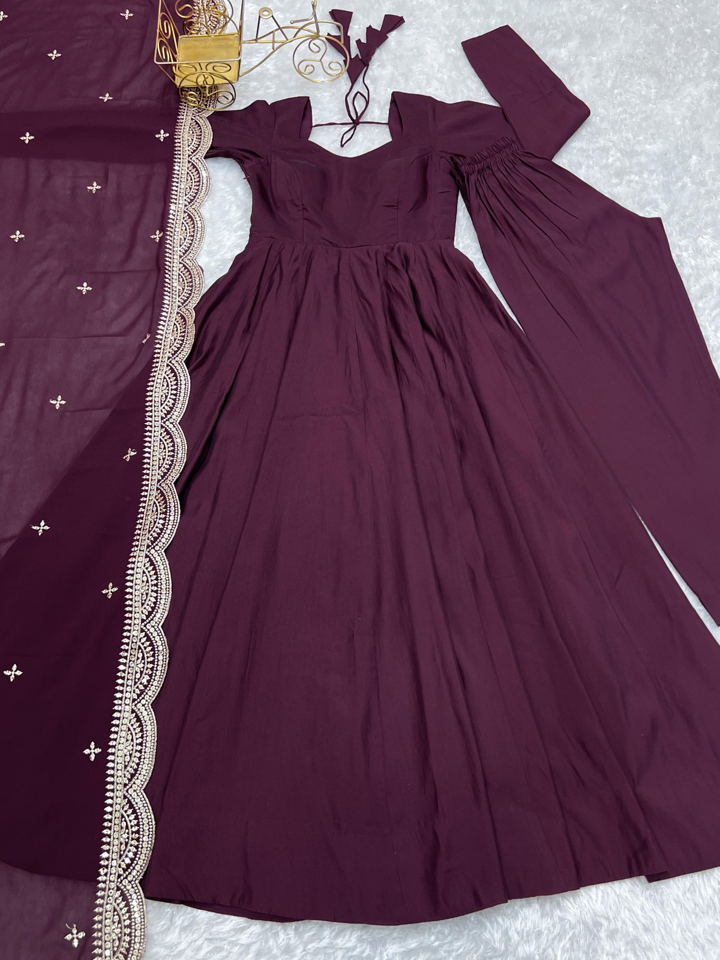 Wine Heavy pure Chanderi Romansilk 3pc Anarkali Gown Set