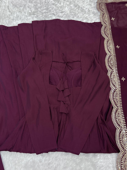 Wine Heavy pure Chanderi Romansilk 3pc Anarkali Gown Set