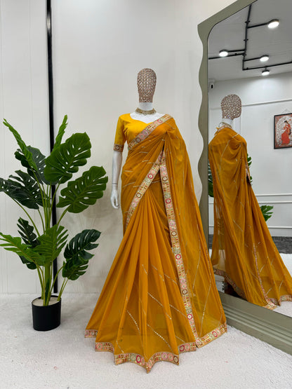 Yellow Faux Georgette With Coding Embroidery Work Saree