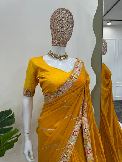 Yellow Faux Georgette With Coding Embroidery Work Saree
