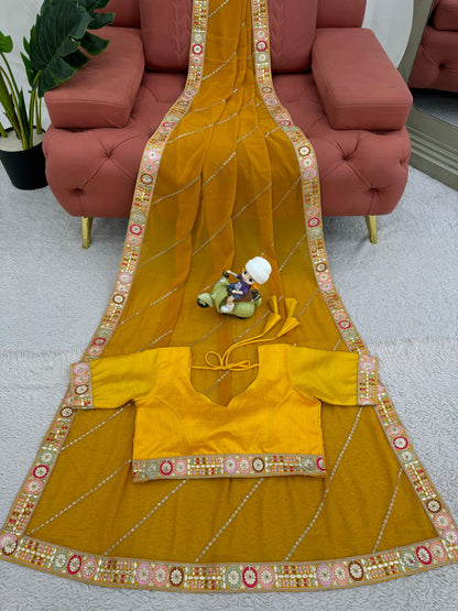 Yellow Faux Georgette With Coding Embroidery Work Saree