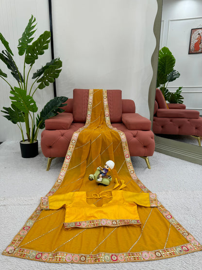 Yellow Faux Georgette With Coding Embroidery Work Saree