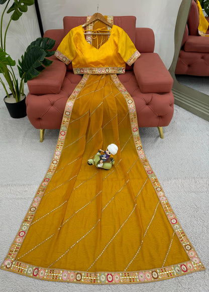 Yellow Faux Georgette With Coding Embroidery Work Saree