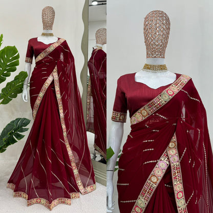 Maroon Faux Georgette With Coding Embroidery Work Saree