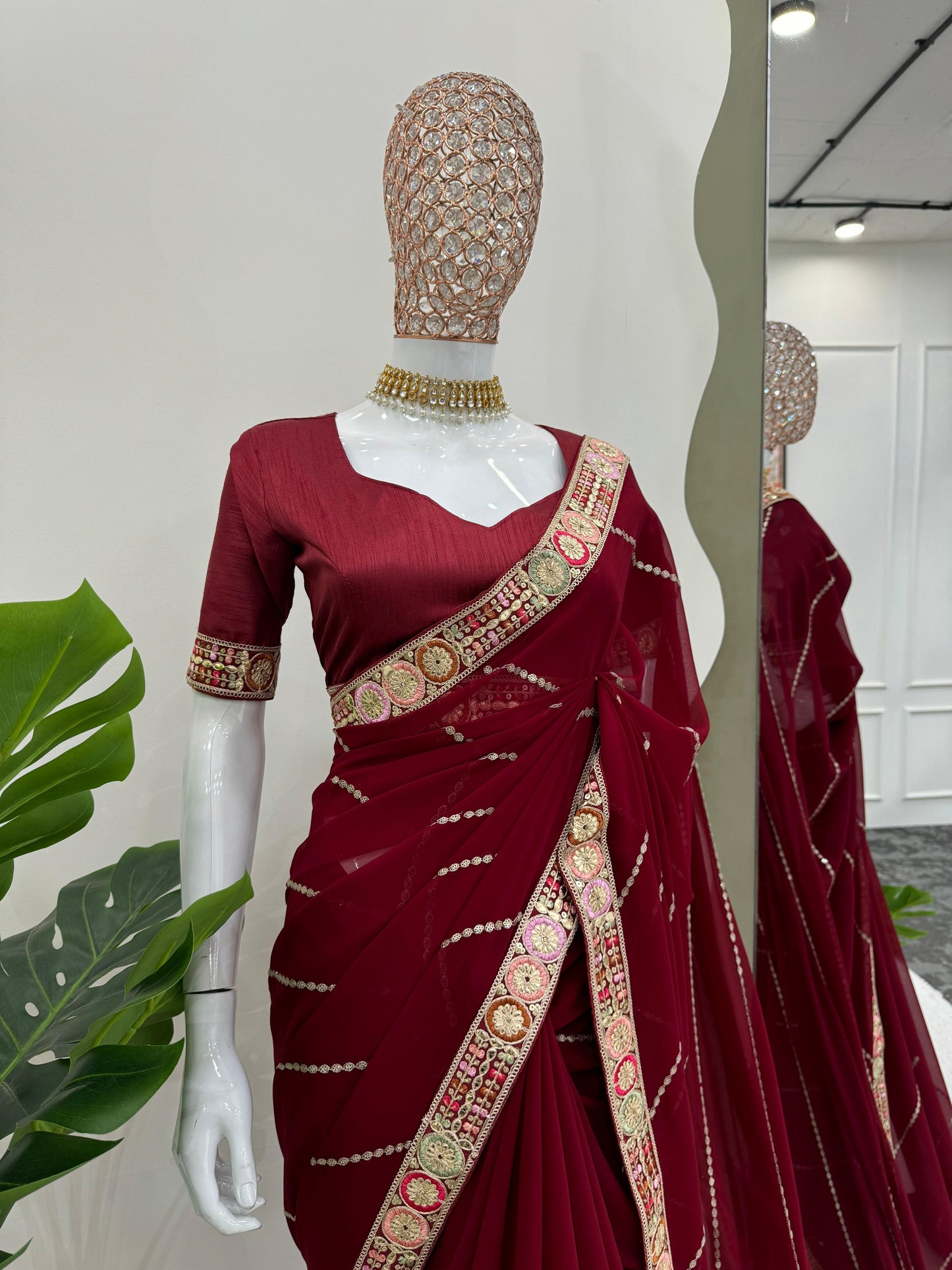 Maroon Faux Georgette With Coding Embroidery Work Saree