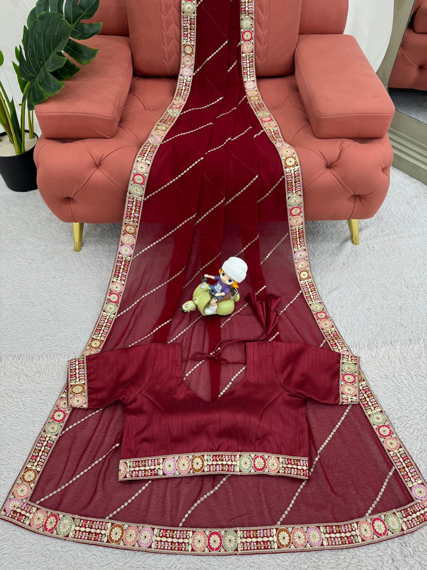 Maroon Faux Georgette With Coding Embroidery Work Saree