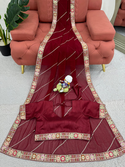Maroon Faux Georgette With Coding Embroidery Work Saree