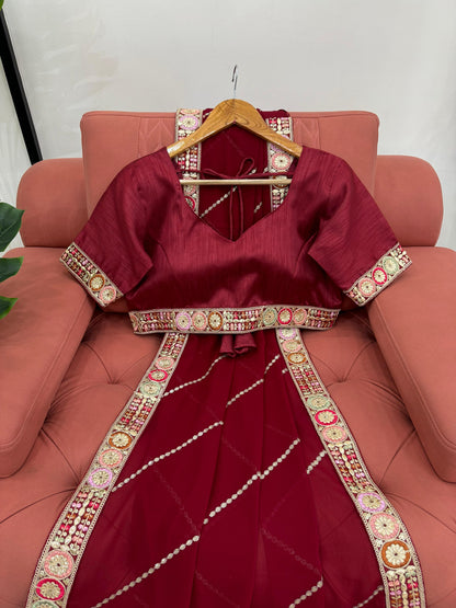 Maroon Faux Georgette With Coding Embroidery Work Saree