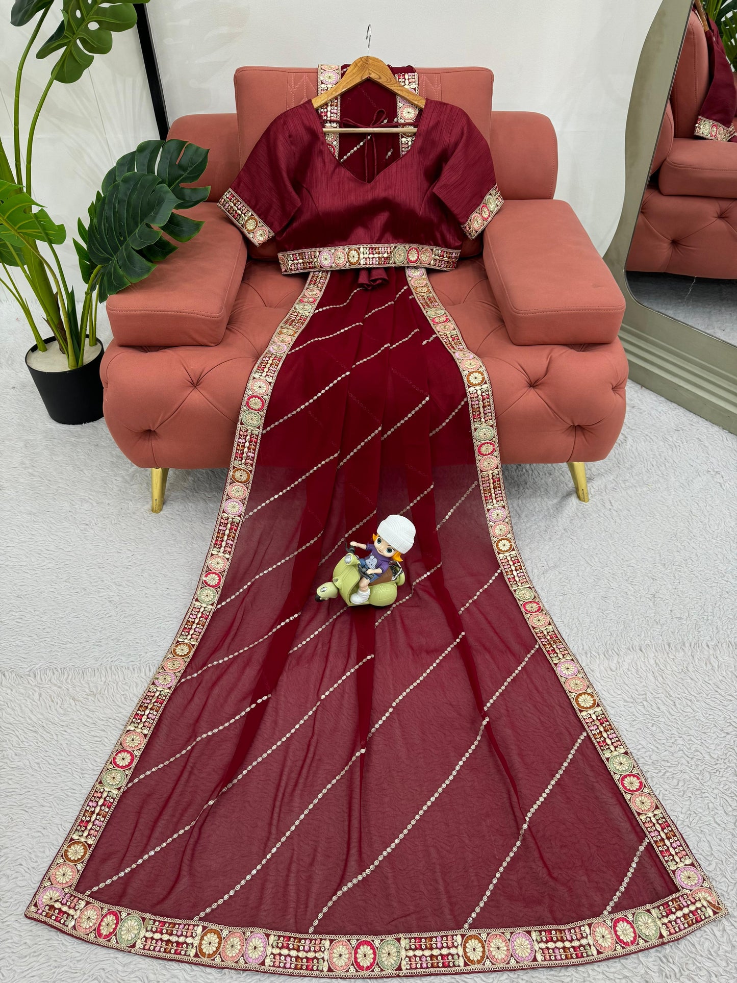 Maroon Faux Georgette With Coding Embroidery Work Saree