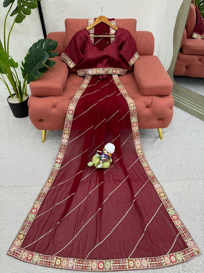 Maroon Faux Georgette With Coding Embroidery Work Saree