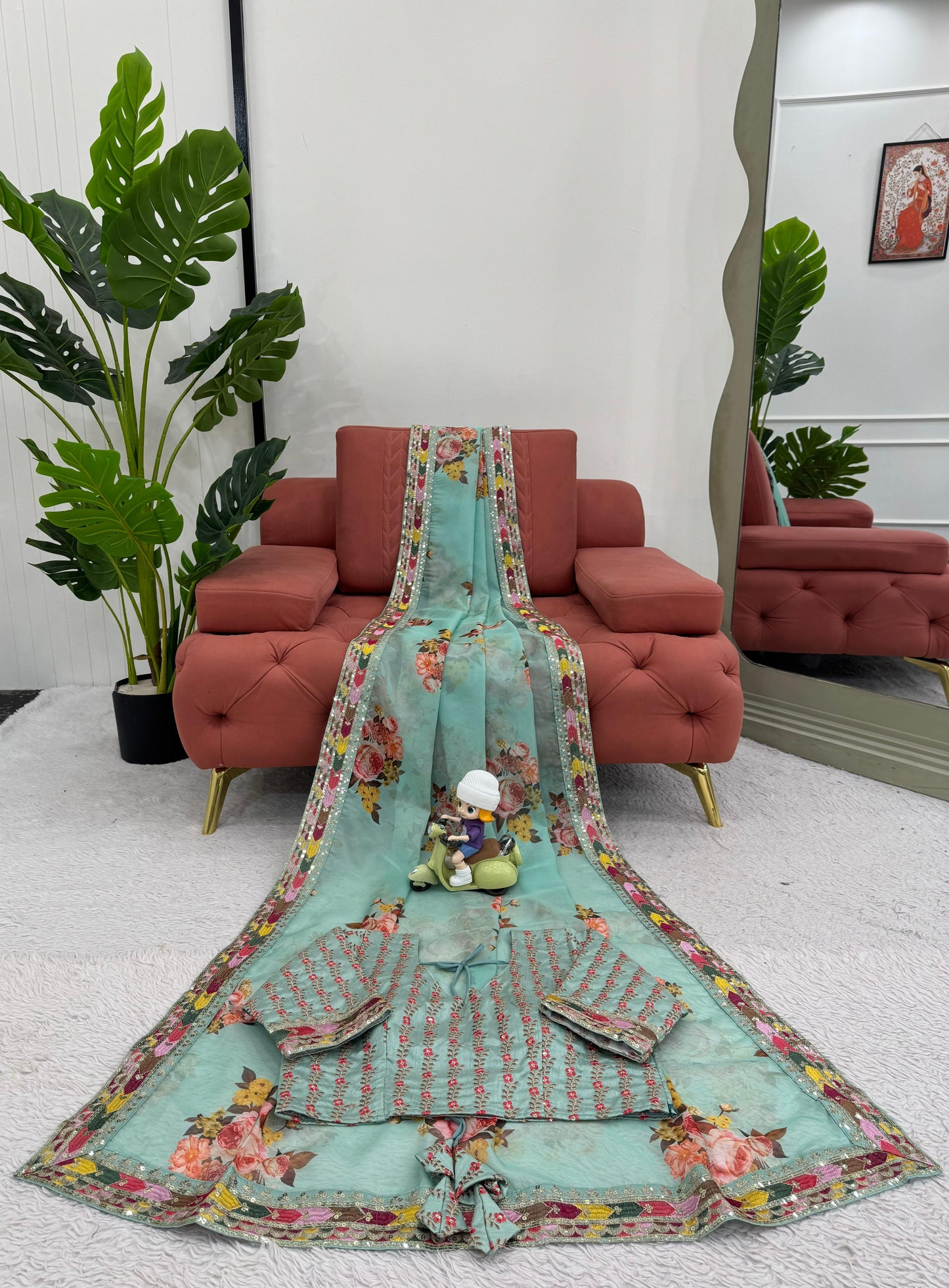 Green Tibby Silk With  Thread Sequins Embroidery Saree