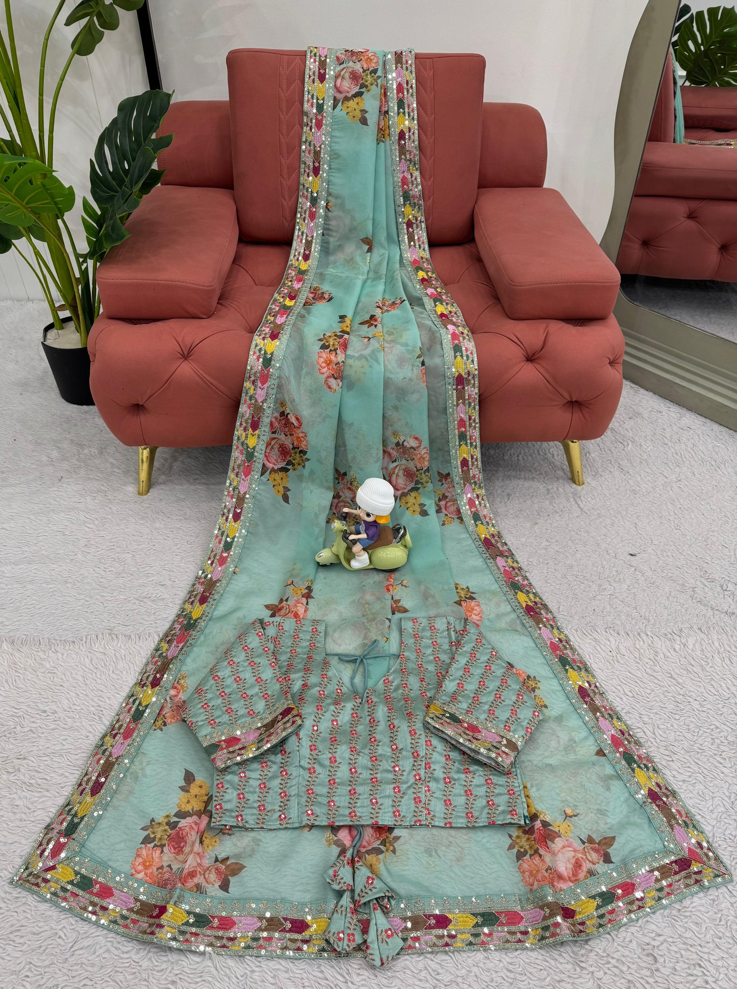 Green Tibby Silk With  Thread Sequins Embroidery Saree