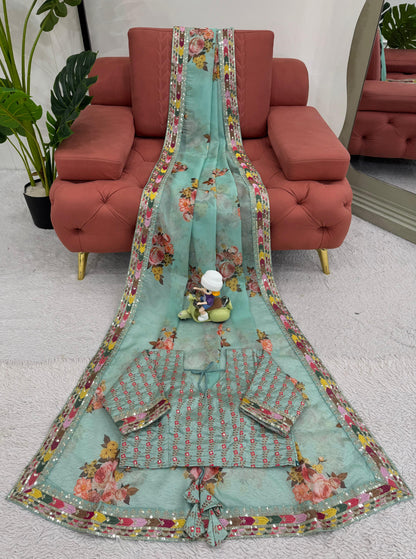 Green Tibby Silk With  Thread Sequins Embroidery Saree