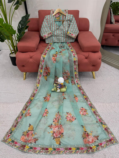 Green Tibby Silk With  Thread Sequins Embroidery Saree