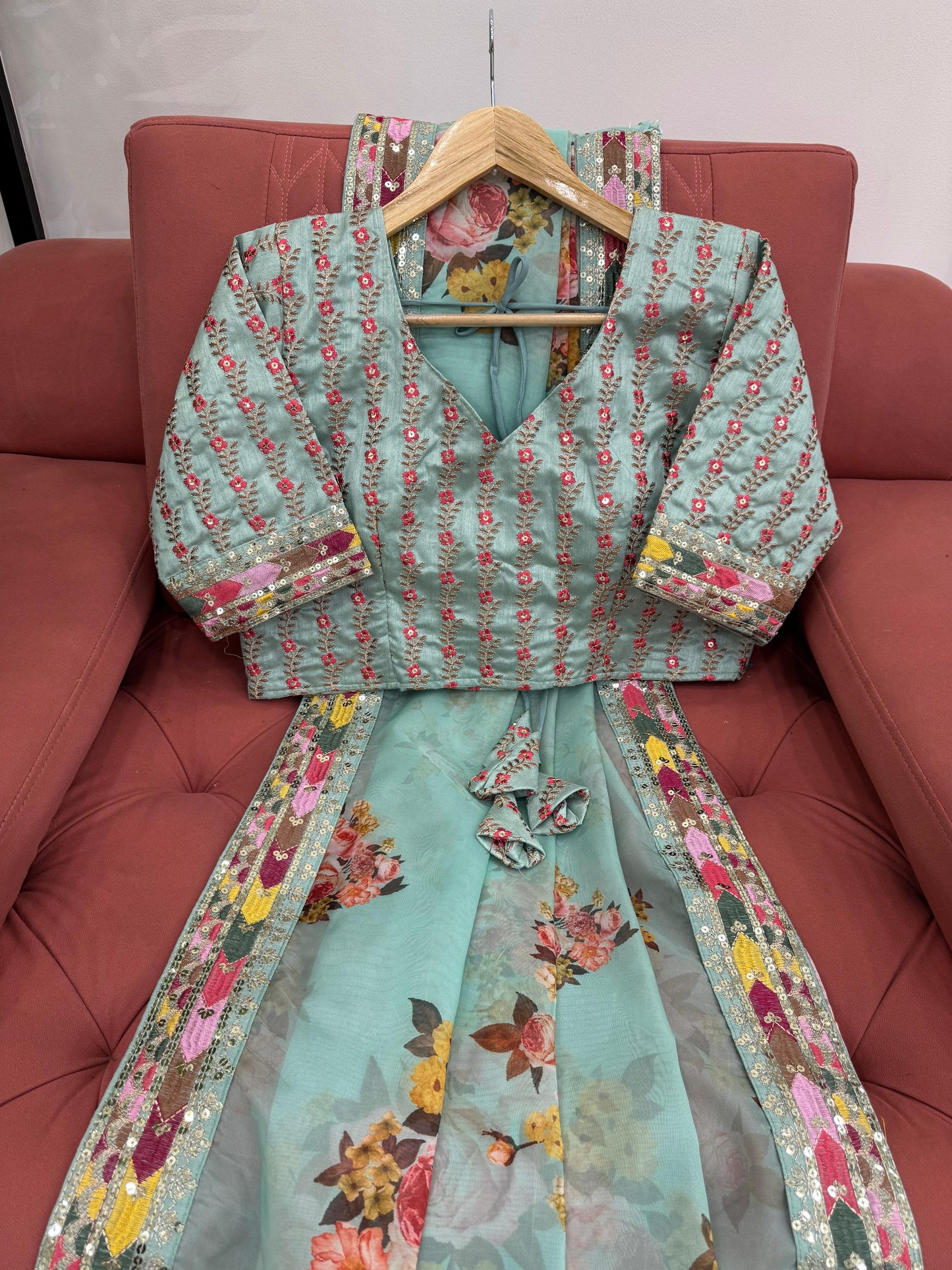 Green Tibby Silk With  Thread Sequins Embroidery Saree