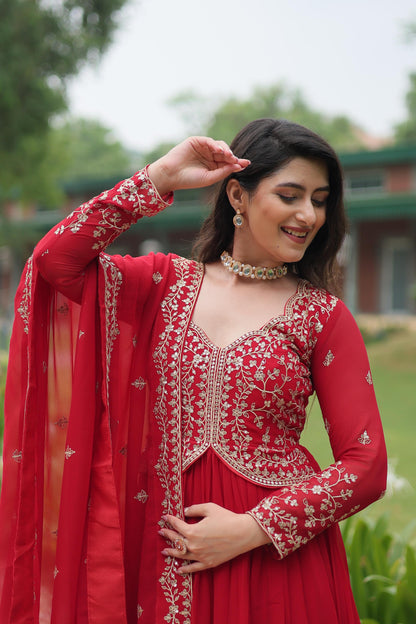 Faux Blooming Multi &amp; Zari Embroidered Work Gown With Dupatta