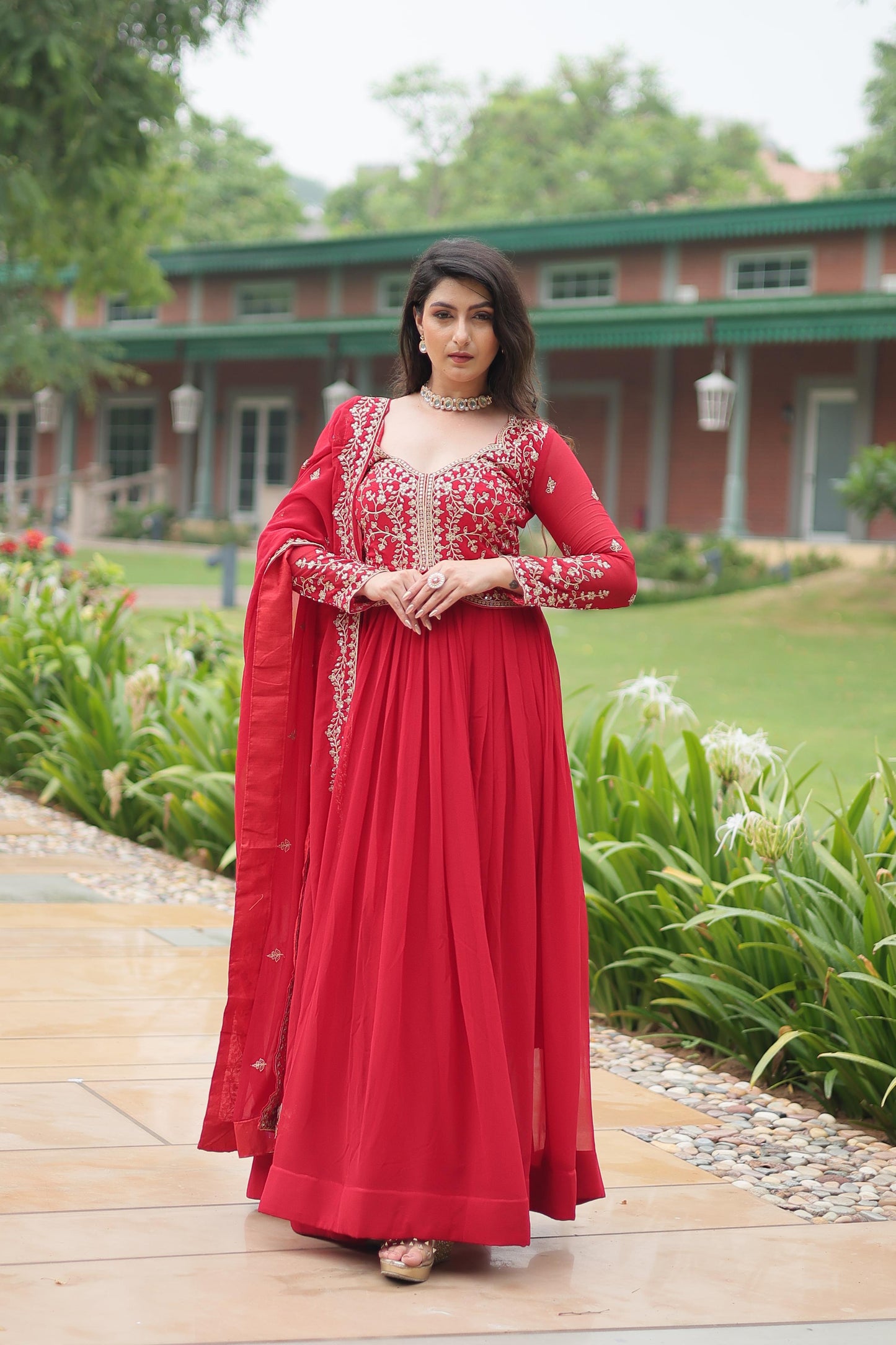 Faux Blooming Multi &amp; Zari Embroidered Work Gown With Dupatta
