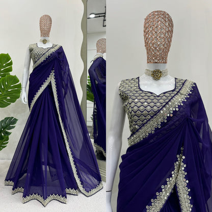 Dark Blue Heavy Georgette With Embroidery Saree
