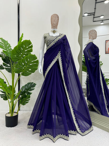 Dark Blue Heavy Georgette With Embroidery Saree