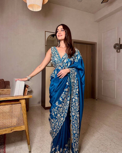 Blue Heavy Chinon Thread &amp; Sequence Work Saree