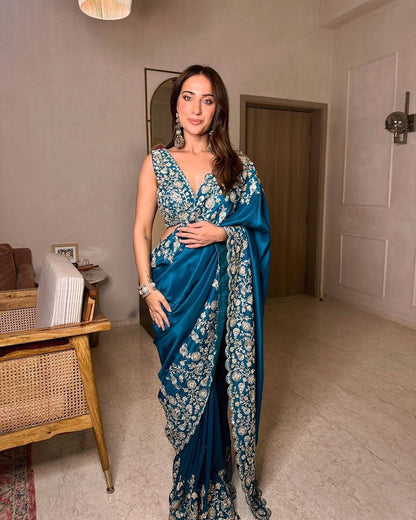Blue Heavy Chinon Thread &amp; Sequence Work Saree
