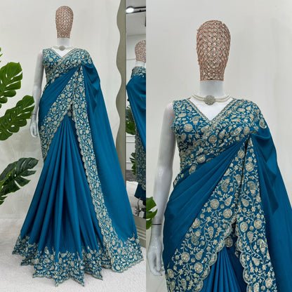 Blue Heavy Chinon Thread &amp; Sequence Work Saree