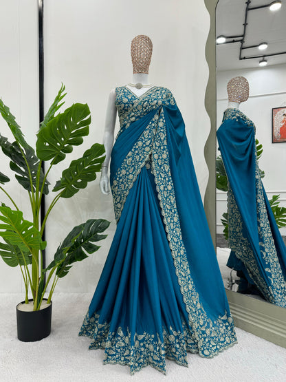 Blue Heavy Chinon Thread &amp; Sequence Work Saree