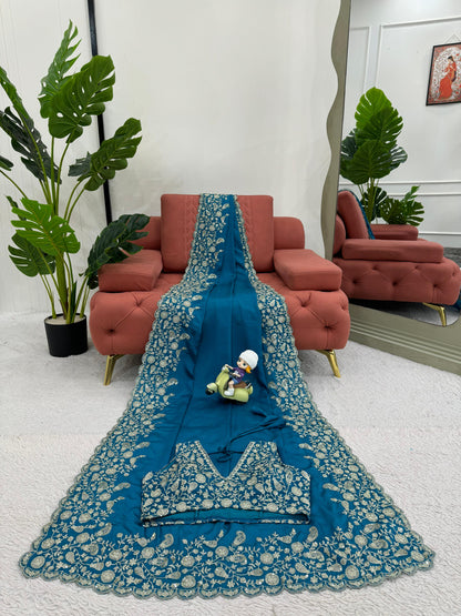 Blue Heavy Chinon Thread &amp; Sequence Work Saree