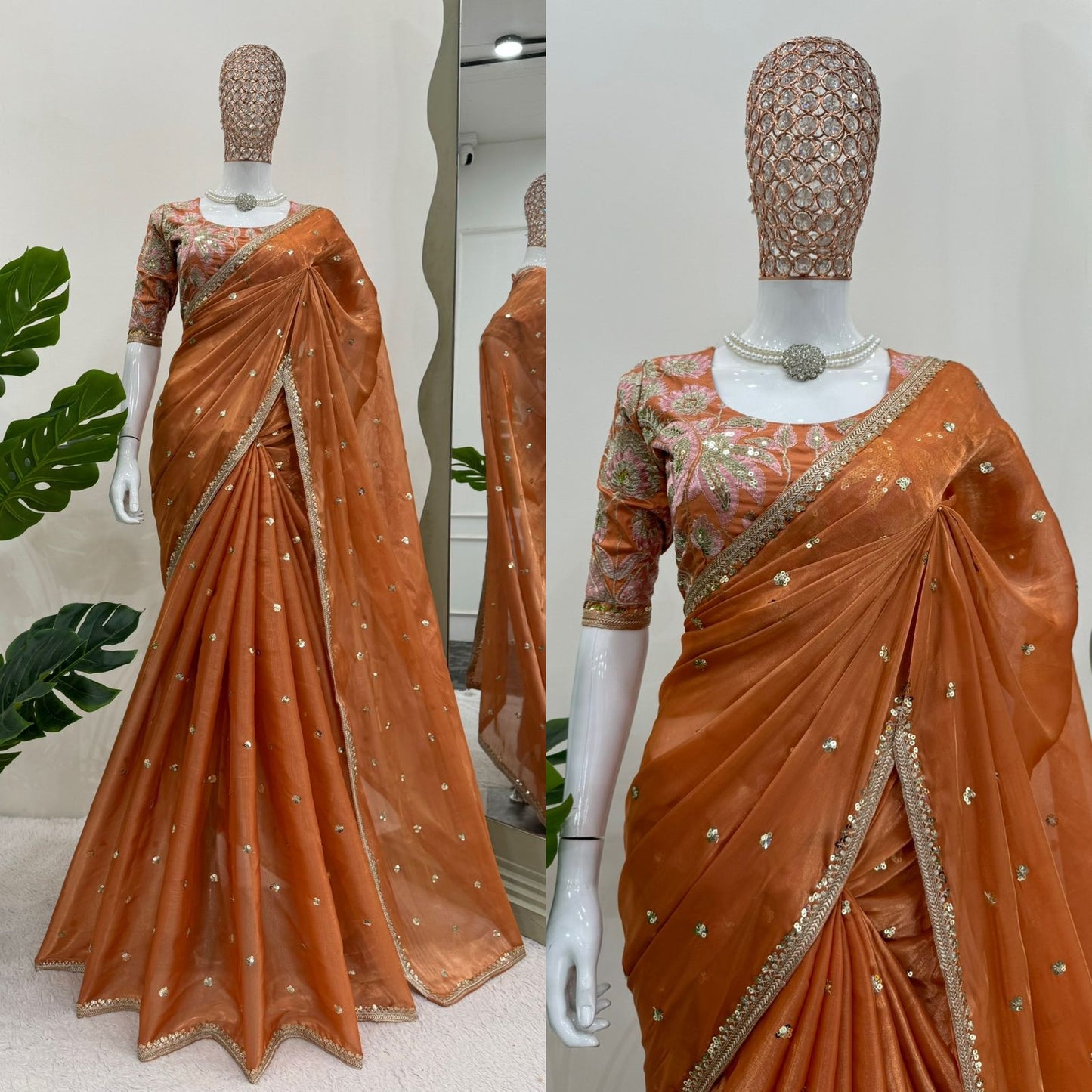 Orange Jimmy Chu Sequins Work Saree